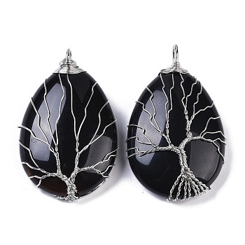 Natural Black Onyx(Dyed & Heated) Big Pendants, Teardrop Charms with Copper Wire Wrapped Tree, Platinum, 49~51.5x31x10~11mm, Hole: 6x5.5mm