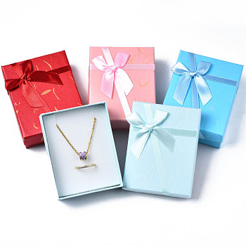 Cardboard Jewelry Set Box, with Bowknot Ribbon Outside and White Sponge Inside, Rectangle with Leaf Pattern, Mixed Color, 9.2x7.1x3.1cm