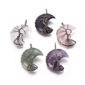 Natural Mixed Stone Tree of Life Wire Wrapped Pendants, with Brass Findings, Crescent Moon, Red Copper, 44~46x26~32x12.5mm, Hole: 6.5x4.5mm