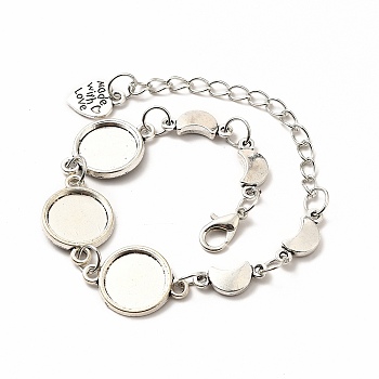 Alloy Bracelets & Anklets Making, Moon Link Bracelet with Heart Charm, Blank Cabochon Setting, Antique Silver, 9-1/4 inch(23.5cm), Round Tray: 12mm