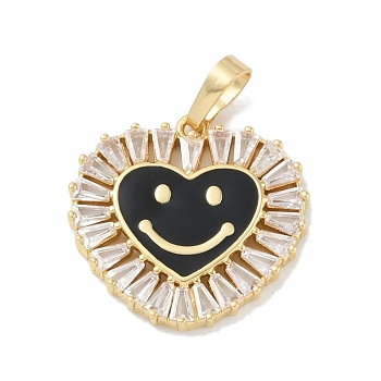 Rack Plating Brass Micro Pave Clear Cubic Zirconia Pendants, with Enamel, Long-Lasting Plated, Lead Free & Cadmium Free, Real 18K Gold Plated, Heart with Smile, Black, 20x19x2.5mm, Hole: 6.5x3.5mm