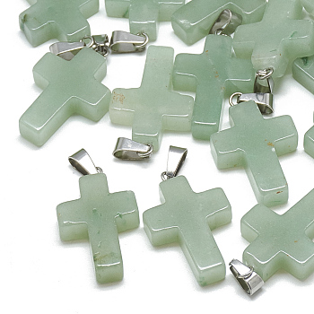 Natural Green Aventurine Pendants, with Stainless Steel Snap On Bails, Cross, 29~30x18~19x5~6mm, Hole: 6x4mm