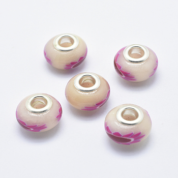 Handmade Polymer Clay European Beads, with Silver Color Plated Brass Cores, Large Hole Beads, Rondelle with Flower Pattern, Lavender Blush, 13~16x8~11mm, Hole: 4.5~5mm