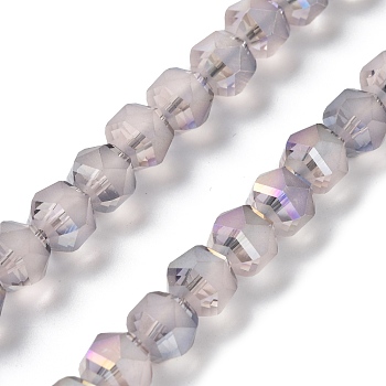 Electroplate Transparent Glass Beads Strands, Frosted, Rainbow Plated, Faceted, Lantern, Light Grey, 7x7.8x7.5mm, Hole: 1.5mm, about 72pcs/strand, 20.79''(52.8cm)