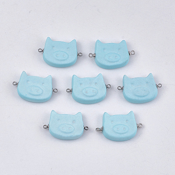 Handmade Porcelain Links connectors, Frosted, with Brass Findings, Piggy Head Findings, Platinum, Light Cyan, 26x17~17.5x5mm, Hole: 1.5mm