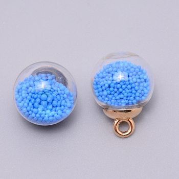 Glass Pendants, with Beads & Plastic Finding, Round, Dodger Blue, 21.5x16mm, Hole: 2.5mm