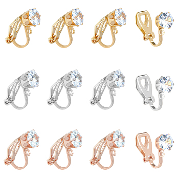 30Pcs 3 Colors Brass Clip-on Earring Findings, with Clear Cubic Zirconia and Horizontal Loops, Mixed Color, 17x5x9mm, Hole: 1.2mm, 10Pcs/color