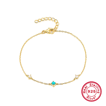 Simple S925 Sterling Silver with Synthesis Turquoise Link Bracelets for Women, Golden, 6-3/4 inch(17cm)