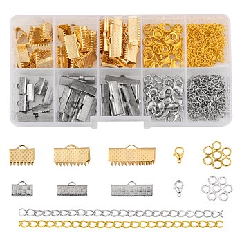 DIY Jewelry Making Finding Kits, Including 60Pcs 304 Stainless Steel Ribbon Crimp Ends, Brass Lobster Claw Clasps & Twisted Chains & Jump Rings, Mixed Color, Ribbon Crimp Ends: 60pcs