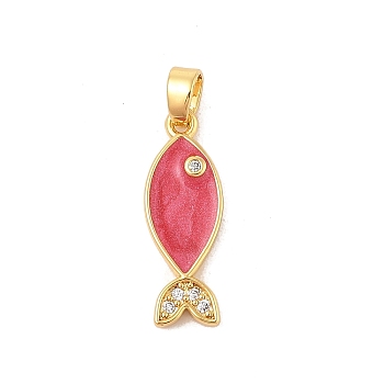 Brass Micro Pave Cubic Zirconia Pendants, with Enamel, Fish Charms, Cerise, 20x7x2mm, Hole: 4.5x3mm