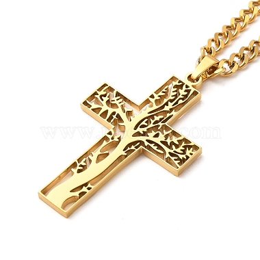 304 Stainless Steel Cross with Tree of Life Pendant Necklaces(NJEW-M197-02G)-2
