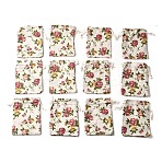 12Pcs 12 Styles Valentine's Day Printed Rectangle Burlap Cloth Packing Pouches, Drawstring Bags, Flower, 13.6x9.7x0.45cm, 1pc/style(X1-ABAG-U006-02B)