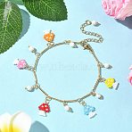 Glass Seed Beads Mushroom Charm Bracelets, Brass Bar Link Chains Bracelets for Women, Real 18K Gold Plated, Colorful, 7-1/8 inch(18.1cm)(BJEW-MZ00218)