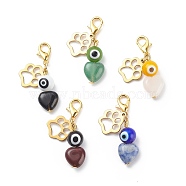 Natural Gemstone Heart Pendant Decorations, Round Evil Eye Lobster Clasp Charms, Cat Paw Print Charms, for Keychain, Purse, Backpack Ornament, 35mm, 5pcs/set(HJEW-JM00809)