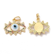 Rack Plating Brass Micro Pave Colorful Cubic Zirconia Pendants, with Handmade Evil Eye Lampwork, Cadmium Free & Lead Free, Long-Lasting Real 18K Gold Plated, Eye Charm, White, 19x22.5x4mm, Hole: 6x3mm(LAMP-A153-03G-09)