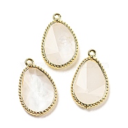Natural Quartz Crystal Rock Crystal Faceted Pendants, Rack Plating Golden Plated Brass Teardrop Charms, 23x15x4~4.5mm, Hole: 1.4mm(G-M431-14G-02)