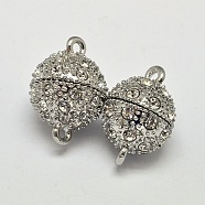 Oval Brass Rhinestone Magnetic Clasps with Loops, Platinum, 20x12mm, Hole: 2mm(KK-D507-D-11P)