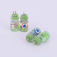 Plastic Pendants, Filled with Glitter & Polymer Clay Accessories, with Metal Loop, Bottle, Yellow Green, 25x10mm, Hole: 2mm(KY-WH0020-77F)