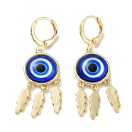 Real 18K Gold Plated Brass Feather Chandelier Earrings, Glass Evil Eye Drop Earrings, Blue, 43.5x14mm(EJEW-L269-049G-02)