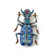Beetles Enamel Pin with Rhinestone, Antique Golden Alloy Badge for Backpack Clothes, Steel Blue, 71.5x48x17mm, Pin: 0.8mm(JEWB-P016-06AG-03)