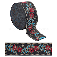 Embroidery Polyester Ribbons, Jacquard Ribbon, Tyrolean Ribbon, Garment Accessories, Floral Pattern, Black, 2"(50mm), 7m/roll(OCOR-GF0001-26)