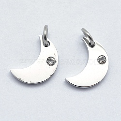 316 Surgical Stainless Steel Pendants, with Cubic Zirconia, Moon, Clear, Stainless Steel Color, 12x9x2mm, Hole: 3mm(STAS-K178-10P)