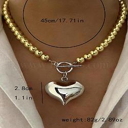 304 Stainless Steel & Synthetic Non-magnetic Hematite & Brass Heart Pendant Round Beaded Necklaces for Women, Golden & Stainless Steel Color, 17.72 inch(45cm)(FS-WG2CEC1-03)