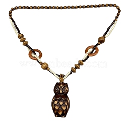 Wood Owl Pendants Sweater Chain Necklace, Coconut Brown, 31.50 inch(80cm)(PW-WGA0CFA-01)