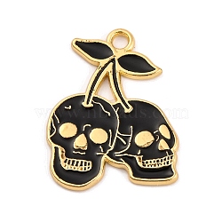 Halloween Theme Alloy Enamel Pendants, Skull Cherry Charm, Golden, 25.5x20x1.5mm, Hole: 2.2mm(ENAM-N056-225H-G)