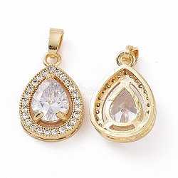 Brass Micro Pave Cubic Zirconia Pendants, with Glass, Teardrop Charm, Real 18K Gold Plated, Clear, 18x12x6mm, Hole: 3x5mm(KK-E068-VC430)