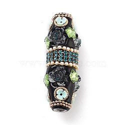 Handmade Indonesia Beads, with Iron, Alloy, Resin and Glass, Long Oval & Flower & Star, Pink, 58x20mm, Hole: 4.8mm(FIND-Q106-07A)