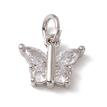 Brass Micro Pave Cubic Zirconia Charms, with Jump Rings, Butterfly Charms, Platinum, 9.5x11x3mm, Hole: 3.4mm