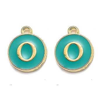 Golden Plated Alloy Enamel Charms, Enamelled Sequins, Flat Round with Alphabet, Letter.O, Green, 14x12x2mm, Hole: 1.5mm
