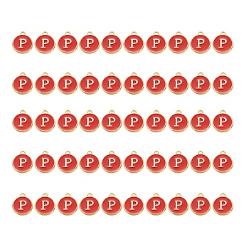 Golden Plated Alloy Charms, with Enamel, Enamelled Sequins, Flat Round, Red, Letter.P, 14x12x2mm, Hole: 1.5mm, 50pcs/Box