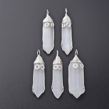 Natural Selenite Big Pendants, with Brass Findings, Rack Plating, Bicone, Silver, 64~70x12~20x7~14mm, Hole: 6mm