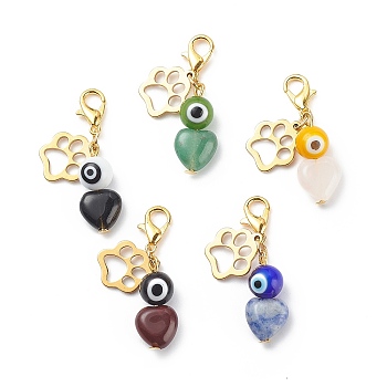 Natural Gemstone Heart Pendant Decorations, Round Evil Eye Lobster Clasp Charms, Cat Paw Print Charms, for Keychain, Purse, Backpack Ornament, 35mm, 5pcs/set