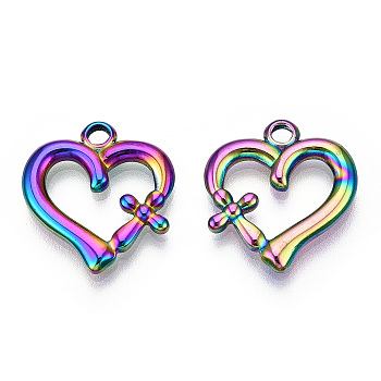 Ion Plating(IP) 304 Stainless Steel Pendants, Heart with Cross Charm, Rainbow Color, 20.5x19x2.5mm, Hole: 2.5mm