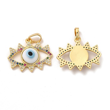 Rack Plating Brass Micro Pave Colorful Cubic Zirconia Pendants, with Handmade Evil Eye Lampwork, Cadmium Free & Lead Free, Long-Lasting Real 18K Gold Plated, Eye Charm, White, 19x22.5x4mm, Hole: 6x3mm