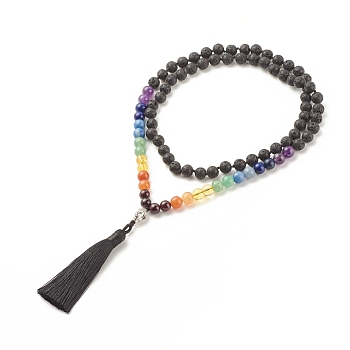 7 Chakra Buddhist Necklace, Natural & Synthetic Mixed Gemstone Round Beaded Necklace with Alloy Buddha Head and Big Tassel for Women, 31.50 inch(80cm)