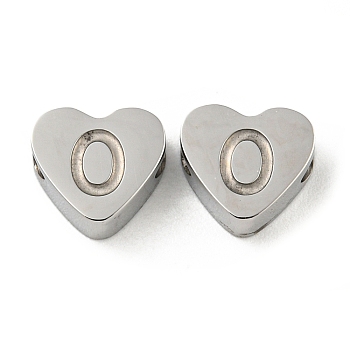 Tarnish Resistant 304 Stainless Steel Beads, Heart with Letter, Stainless Steel Color, Letter O, 7x8x3mm, Hole: 2mm