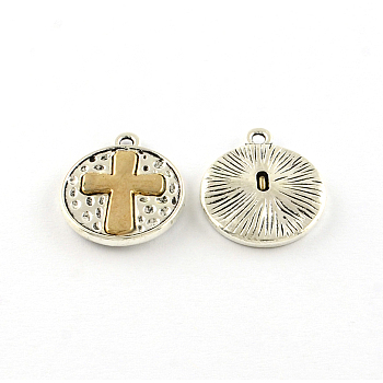 Tibetan Style Alloy Pendants, Flat Round with Cross, Cadmium Free & Lead Free, Antique Silver & Antique Golden, 23x19.5x3mm, Hole: 2mm
