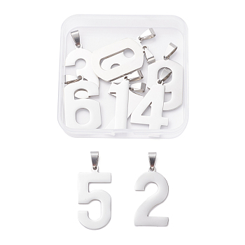 10Pcs 10 Style 201 Stainless Steel Pendants, Laser Cut, Number, Stainless Steel Color, 32~36.5x11~21x1.5mm, Hole: 4.5x5mm, 1pc/style