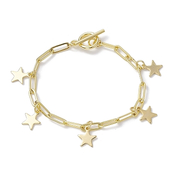 Golden 304 Stainless Steel Charm Bracelets with Brass Paperclip Chains, Star, 7-1/2~7-5/8 inch(19.2~19.3cm)
