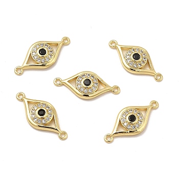 Brass Micro Pave Clear & Black Cubic Zirconia Connector Charms, Horse Eye Links, Real 18K Gold Plated, 10x22.5x3.5mm, Hole: 1.2mm