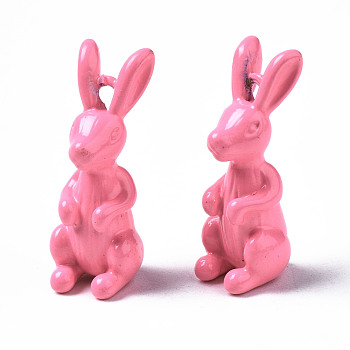 Spray Painted Brass Pendants, Rabbit, Hot Pink, 19.5x8x8mm, Hole: 1.5mm