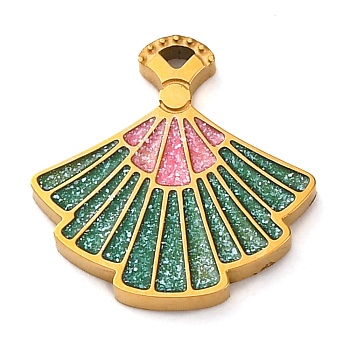 304 Stainless Steel Enamel Charms, Fan Charm, Golden, Ion Plating(IP), Medium Sea Green, 14x14x2mm, Hole: 1mm