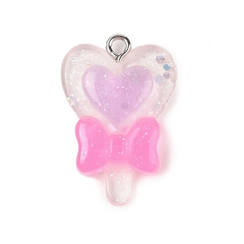 Opaque Resin Pendants, with Platinum Plated Iron Loops, Heart with Bowknot, Pink, 26.5x18x2mm, Hole: 5.5mm