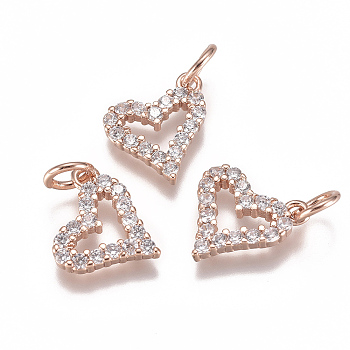 Brass Micro Pave Cubic Zirconia Charms, with Jump Ring, Long-Lasting Plated, Heart, Clear, Real Rose Gold Plated, 10x10x2mm, Hole: 3mm