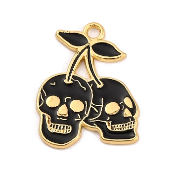 Halloween Theme Alloy Enamel Pendants, Skull Cherry Charm, Golden, 25.5x20x1.5mm, Hole: 2.2mm