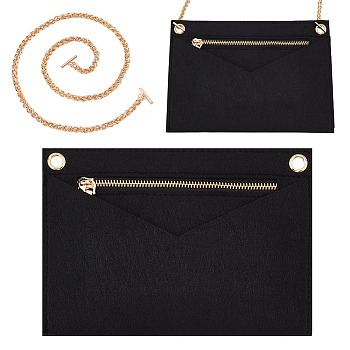 WADORN 1Pc Felt Purse Organizer Insert, Envelope Handbag Shaper Premium Felt, with 1Pc Iron Wheat Chain Bag Handles, Black, Insert: 22x15.5x0.58cm, Handles: 61x0.6x0.6cm